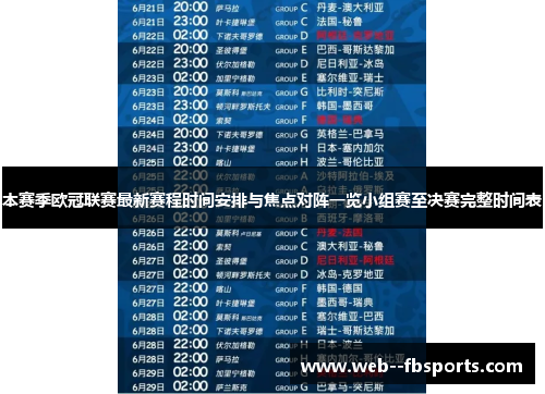 本赛季欧冠联赛最新赛程时间安排与焦点对阵一览小组赛至决赛完整时间表 本赛季欧冠联赛最新赛程时间安排与焦点对阵一览小组赛至决赛完整时间表