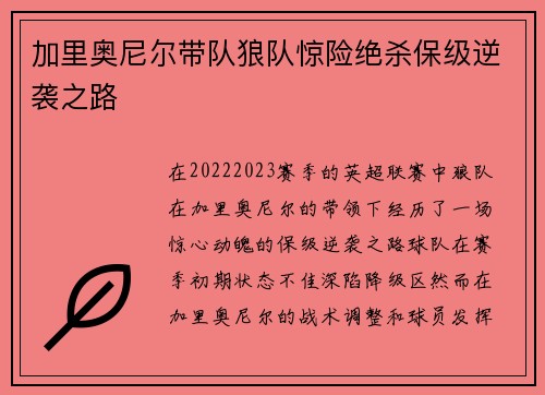 加里奥尼尔带队狼队惊险绝杀保级逆袭之路